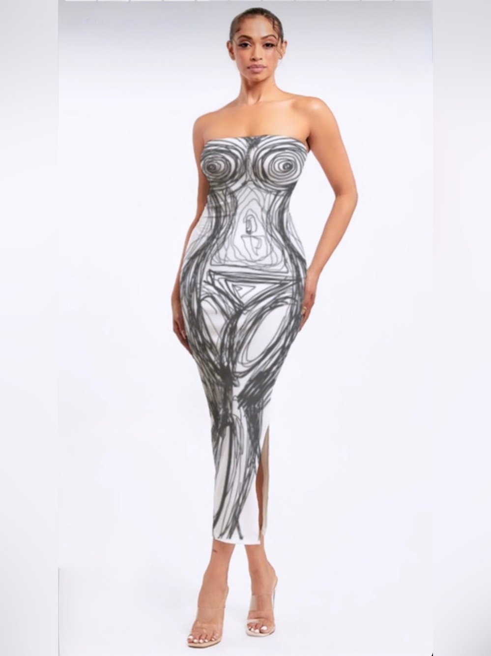 Strapless White Midi Dress with Abstract Black Sketch Print